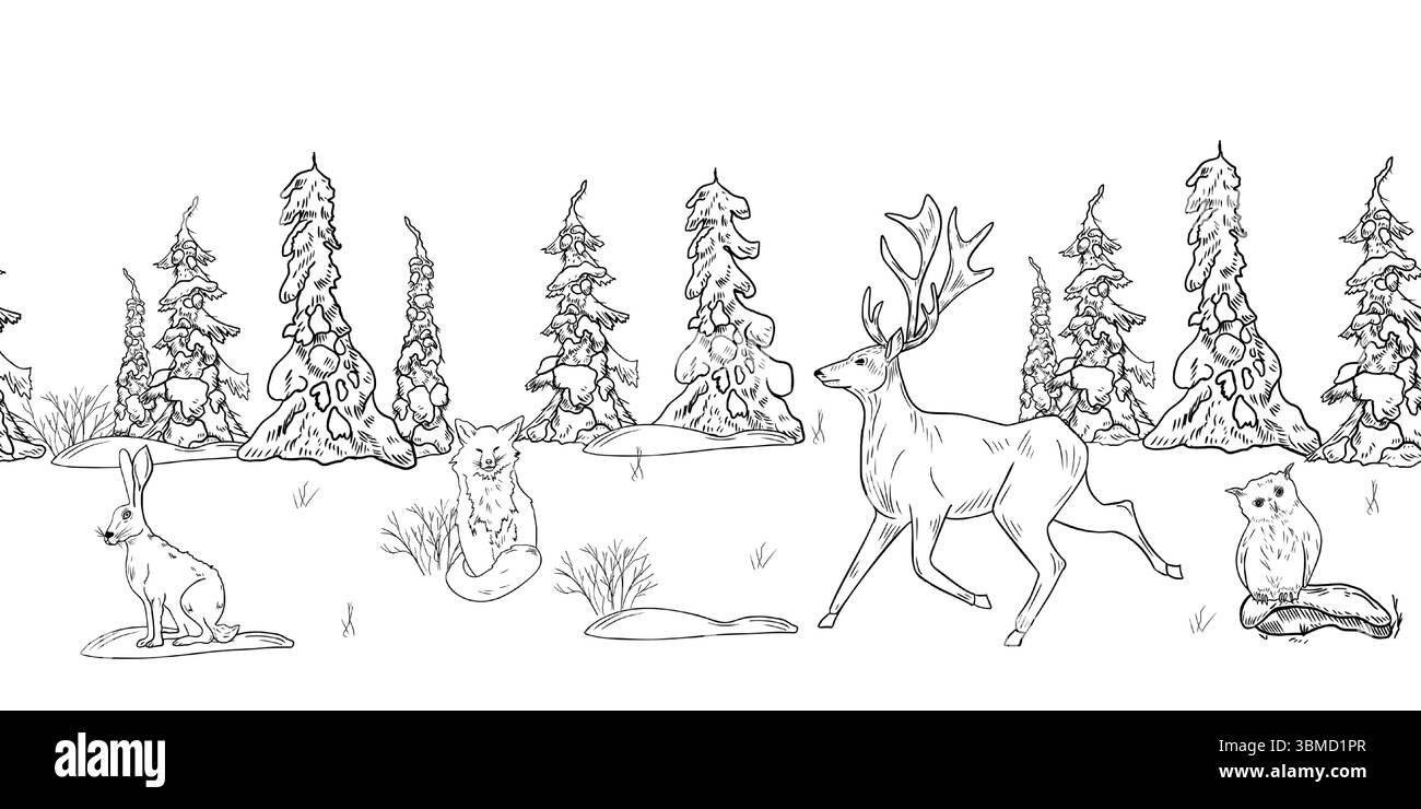 Fond boisé monochrome sans couture avec sapins, épicéas, cerfs animaux, lièvre, renard et hibou dessiné à la main par vecteur de contour noir blanc. Hiver répété Illustration de Vecteur
