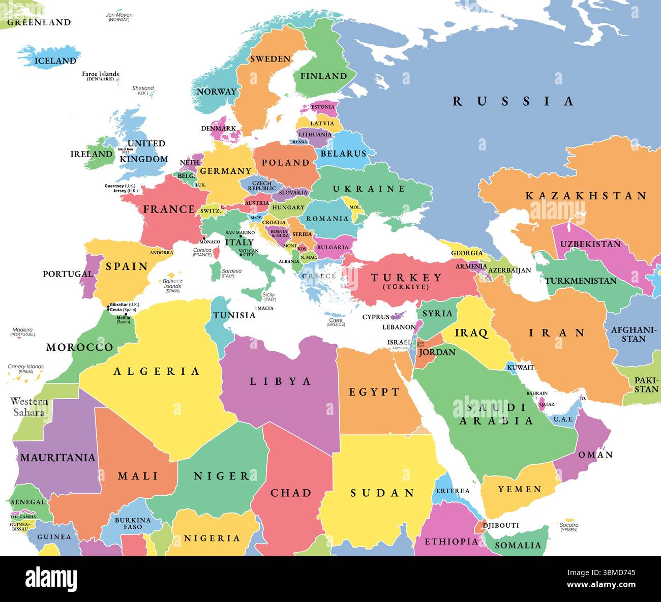 Europe, moyen-Orient et Afrique du Nord, carte politique colorée. Aperçu du continent européen, de la région géopolitique du moyen-Orient et de l'Afrique du Nord. Banque D'Images