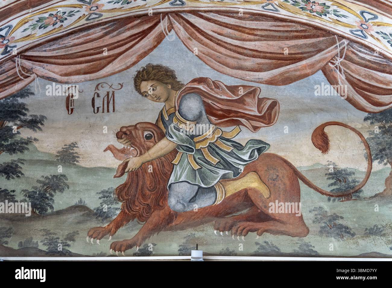 Cloître avec fresque décorée, monastère de Rila, fondé au 10ème siècle, vallée de la rivière Rilski, République de Bulgarie Banque D'Images