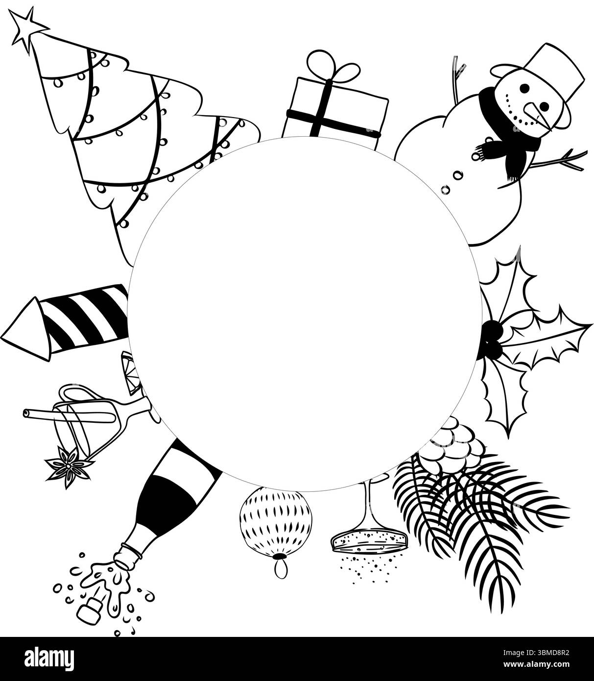 Articles de célébration du nouvel an noir et blanc cadre cercle modèle rond. Illustration vectorielle d'encre de ligne graphique. Arrière-plan de vacances. pour le paquet, h Illustration de Vecteur