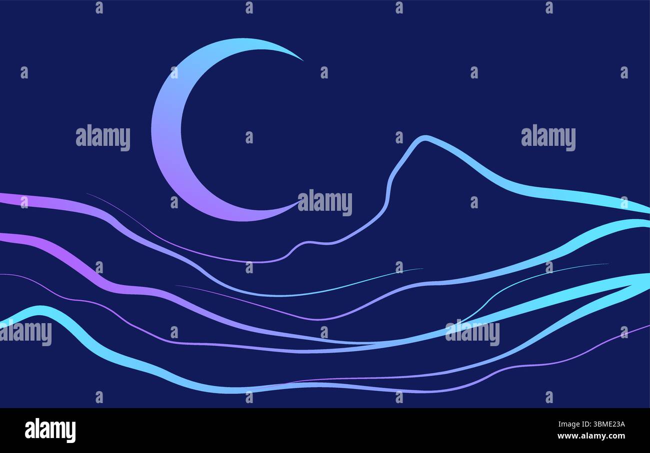 Art de montagne abstrait simple avec fond de lune Illustration de Vecteur