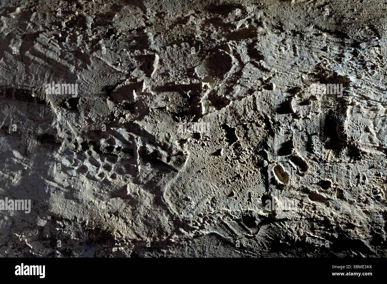 Fort Verle : empreintes digitales et marques de soldat imprimées sur un mur de béton. Levico terme, Trentin, Italie. Banque D'Images