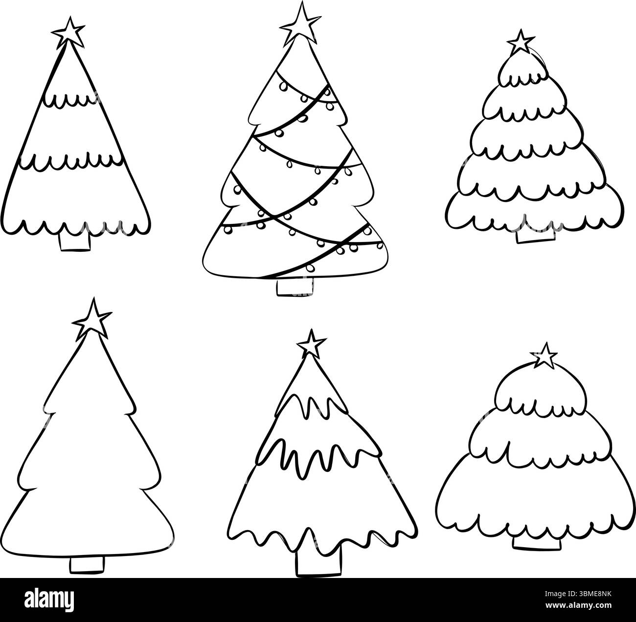 Ensemble isolé d'arbres de Noël festifs. Illustration vectorielle d'encre de ligne graphique. Collection d'arbres d'hiver noirs pour Noël de vacances et nouvel an. Pour l'affiche, f Illustration de Vecteur