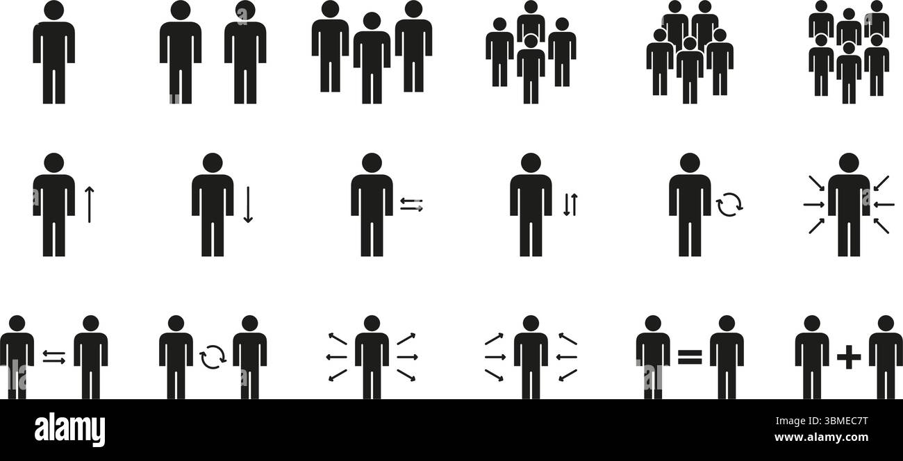 Représentation de la communication et de la croissance. Jeu d'icônes solides d'interaction et de mouvement des personnes. Dynamique humaine, interaction sociale et comportement de groupe Illustration de Vecteur