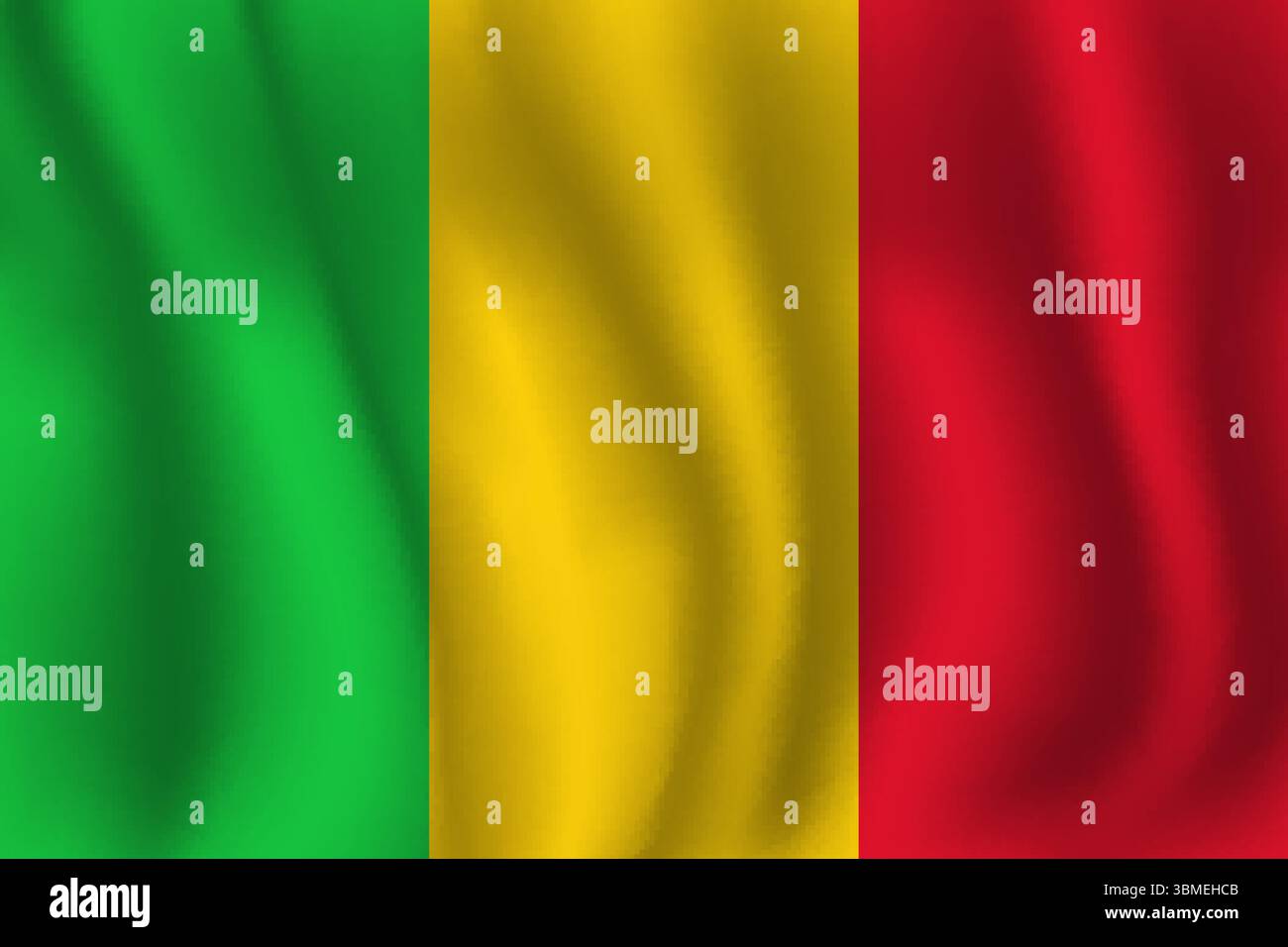 Drapeau du Mali ondulé flambant dans le vent, avec des plis 3d. Illustration de Vecteur