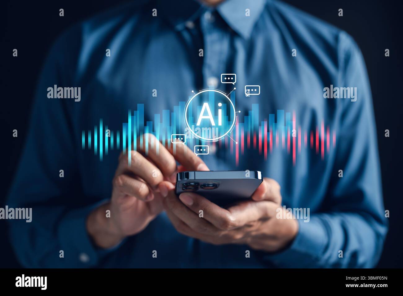 Interface d'assistant IA vocale avec onde sonore et icône de chatbot sur smartphone. Banque D'Images