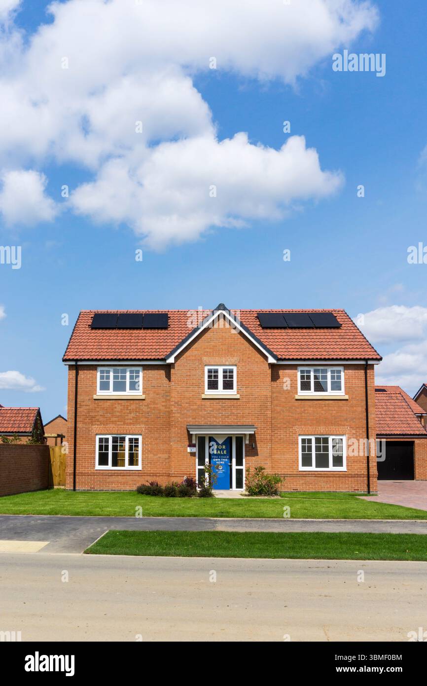 Nouvelle maison individuelle à double façade de quatre chambres à vendre à South Wootton à la périphérie de King's Lynn, Norfolk. Cellules PV ou panneaux solaires sur le toit. Banque D'Images