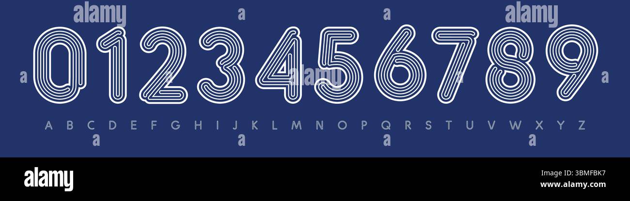 Contours arrondis, police de rayures, alphabet linéaire moderne, police de caractères rétro logo, numéros de contour géométrique, pour la marque de l'équipe de football, sport Illustration de Vecteur