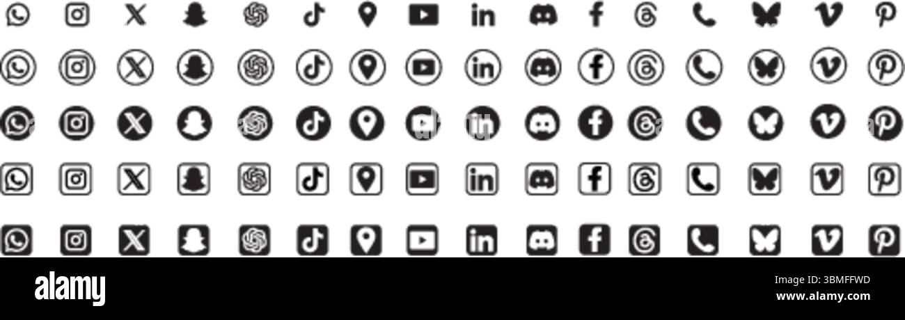 Jeu d'icônes de plateformes de médias sociaux, WhatsApp, instagram, snapchat, tiktok, youtube, linkedin, facebook, vimeo, pinterest icônes Illustration de Vecteur