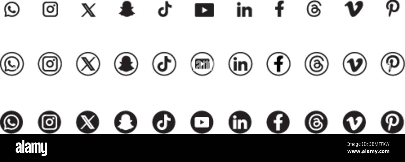 Jeu d'icônes de plateformes de médias sociaux, WhatsApp, instagram, snapchat, tiktok, youtube, linkedin, facebook, vimeo, pinterest icônes Illustration de Vecteur