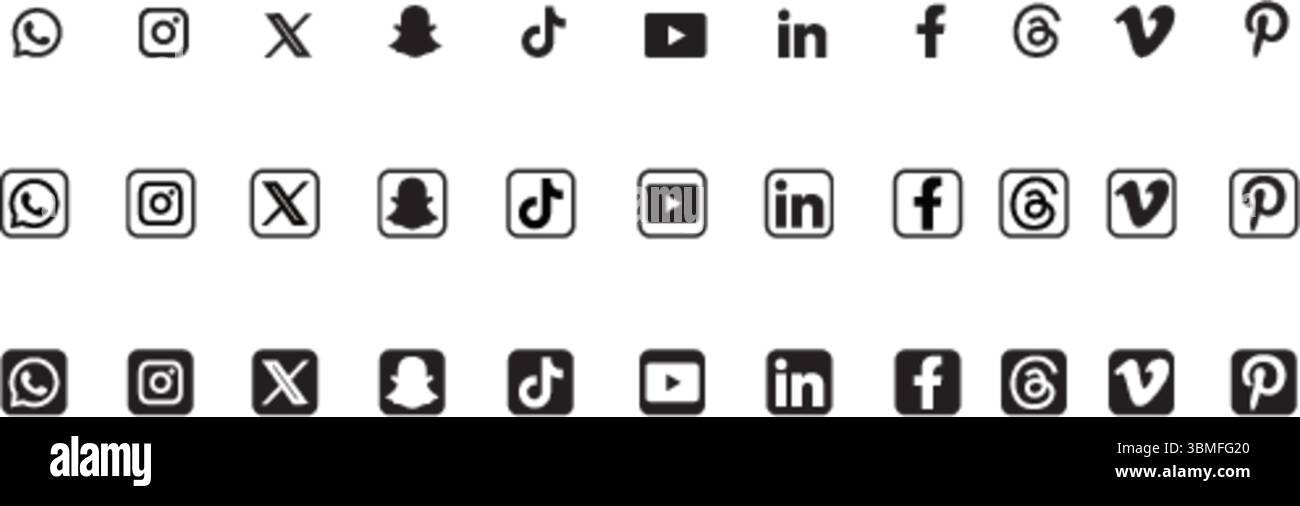 Jeu d'icônes de plateformes de médias sociaux, WhatsApp, instagram, snapchat, tiktok, youtube, linkedin, facebook, vimeo, pinterest icônes Illustration de Vecteur
