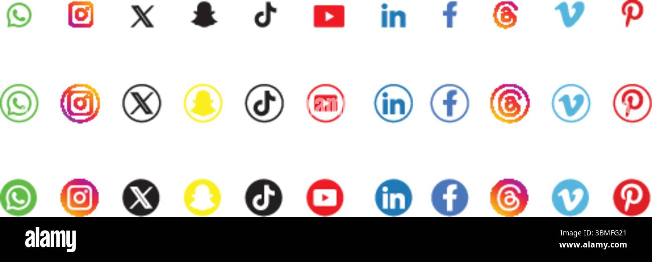 Jeu d'icônes de plateformes de médias sociaux, WhatsApp, instagram, snapchat, tiktok, youtube, linkedin, facebook, vimeo, pinterest icônes Illustration de Vecteur