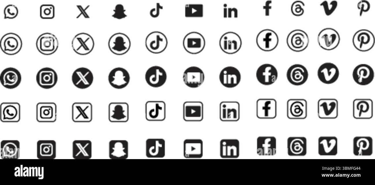 Jeu d'icônes de plateformes de médias sociaux, WhatsApp, instagram, snapchat, tiktok, youtube, linkedin, facebook, vimeo, pinterest icônes Illustration de Vecteur