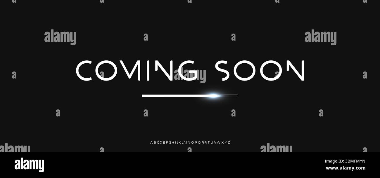 Bannière minimaliste Hi-Tech avec typographie à venir sur fond noir. Affiche d'annonce avec police futuriste pour Movie Teaser, Conférence Illustration de Vecteur