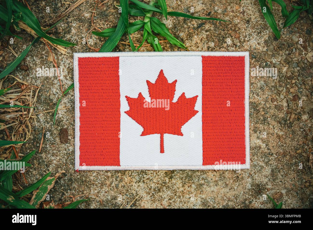 Drapeau du Canada éco-amical brodé sur une pierre ancienne entourée de feuilles et d'herbe, symbolisant l'harmonie avec la nature. Banque D'Images