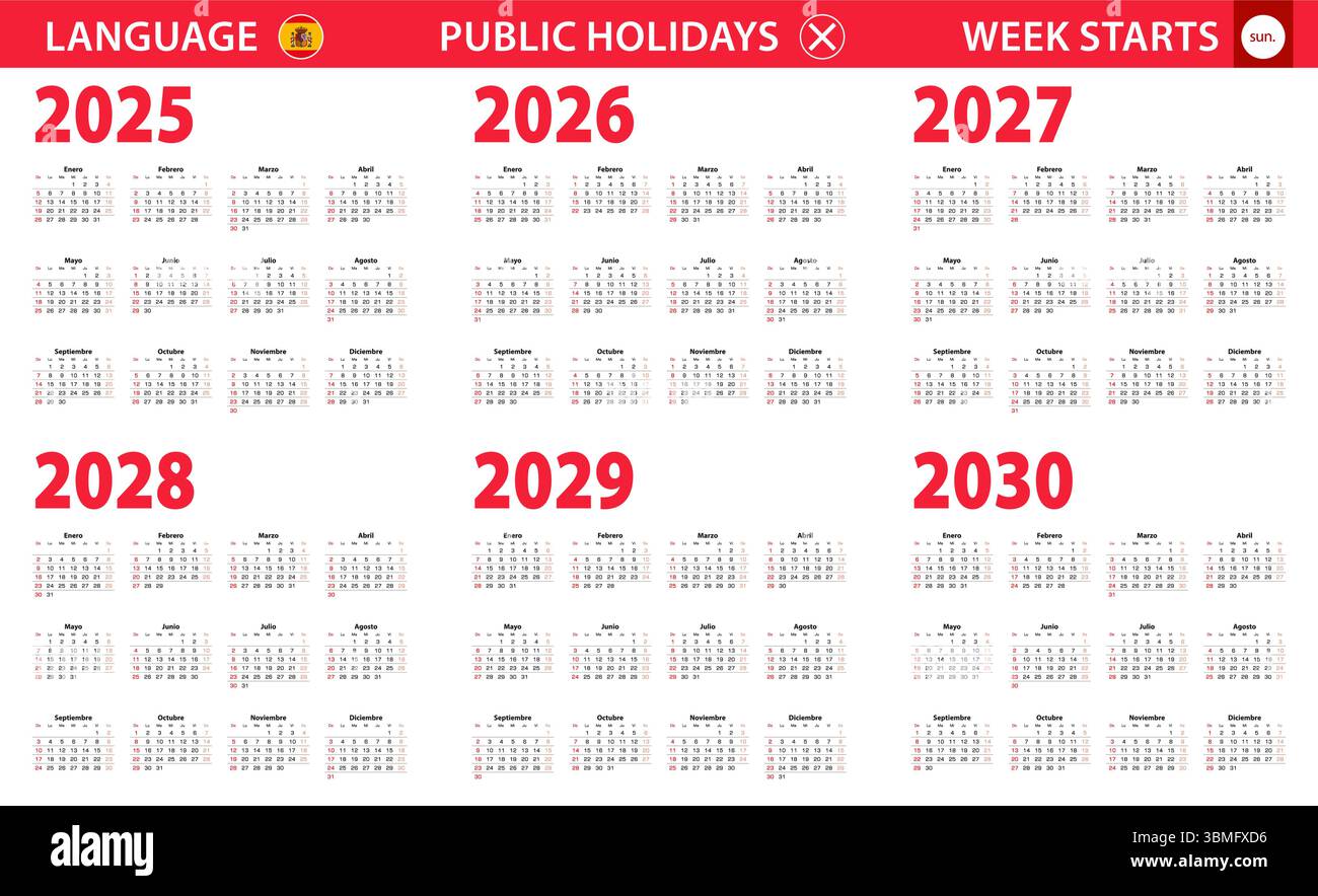 Calendrier de 2025-2030 ans en langue espagnole, la semaine commence à partir du dimanche. Calendrier vectoriel. Illustration de Vecteur