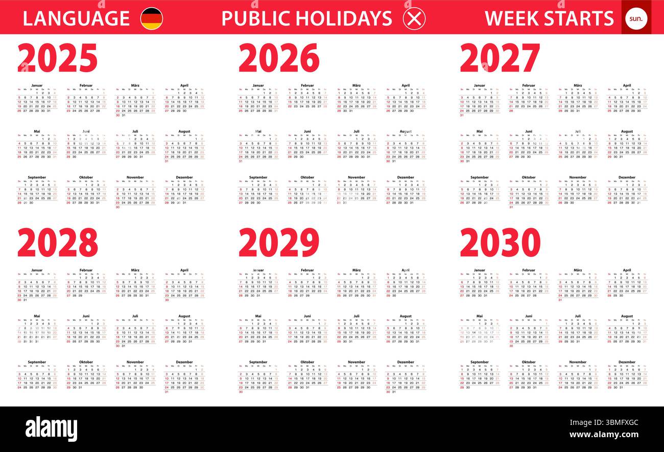 Calendrier de 2025-2030 ans en langue allemande, la semaine commence à partir du dimanche. Calendrier vectoriel. Illustration de Vecteur