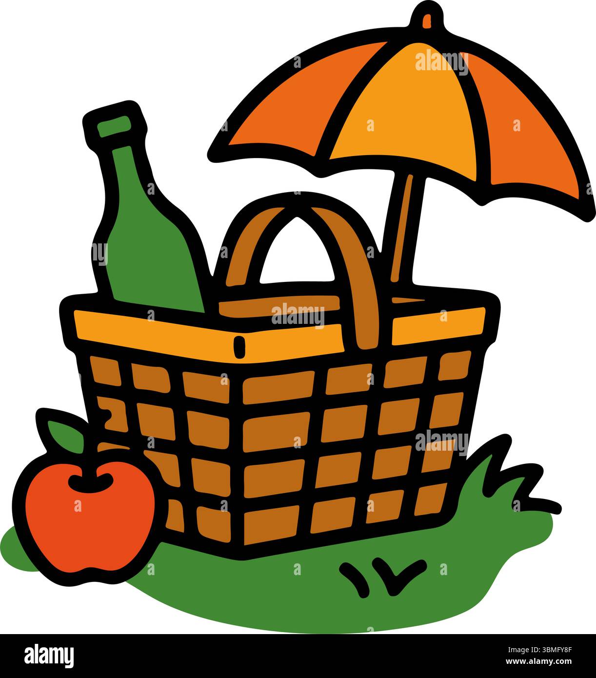Une illustration de doodle dessinée à la main représente un panier de pique-nique tenant une bouteille avec une pomme et un parapluie à proximité, le tout assis sur de l'herbe verte Illustration de Vecteur
