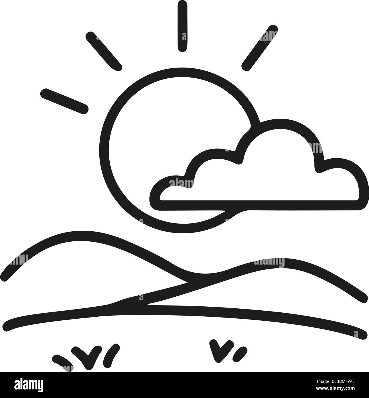 L'icône Doodle affiche un paysage. Un soleil avec des rayons brille derrière un nuage au-dessus des collines. L'herbe pousse au premier plan. Le vecteur est dessiné à la main Illustration de Vecteur