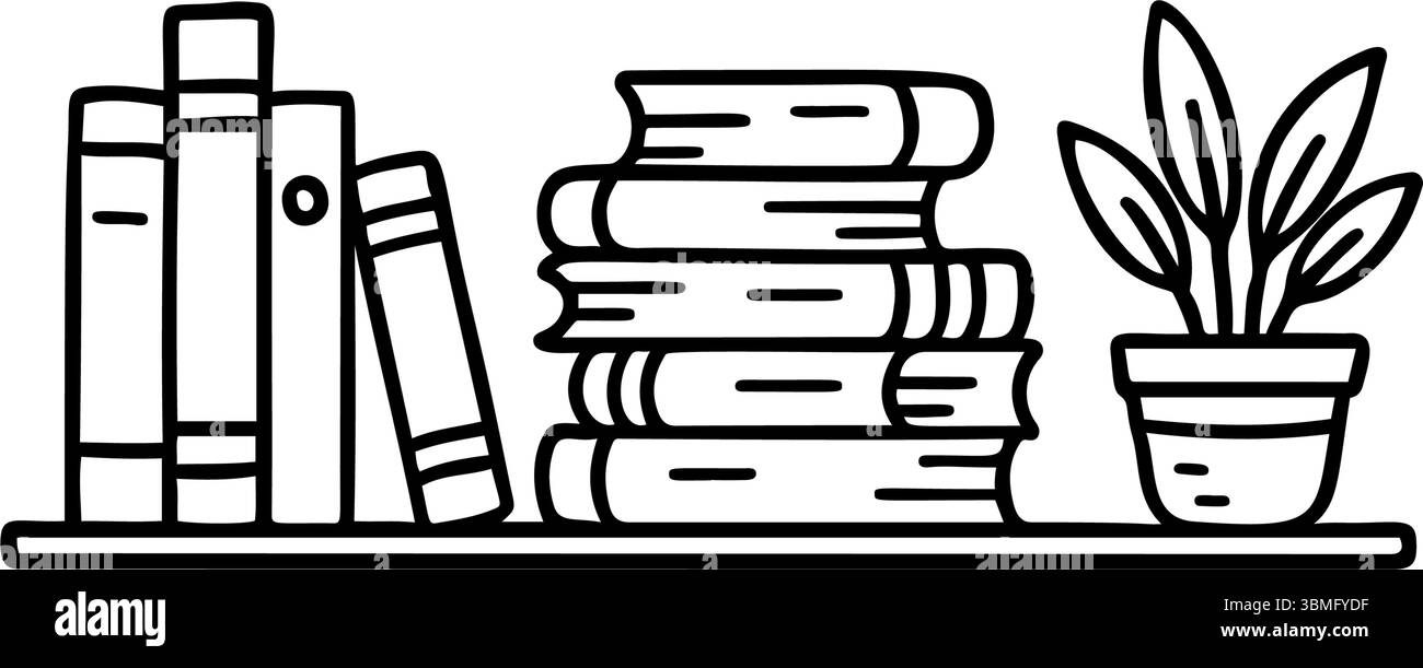 Cette illustration représente une étagère dessinée à la main avec des livres empilés et debout, à côté d'une plante en pot, à l'aide d'un simple dessin au trait Illustration de Vecteur