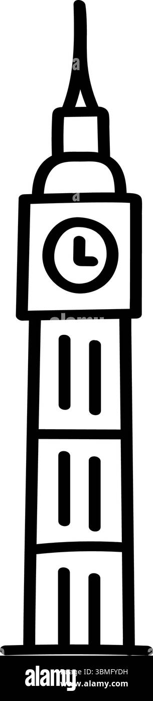 Il s'agit d'un graphique vectoriel avec une ligne dessinée à la main, montrant une icône de style doodle simple de la célèbre tour de l'horloge Big Ben, située à Londres, en Angleterre Illustration de Vecteur