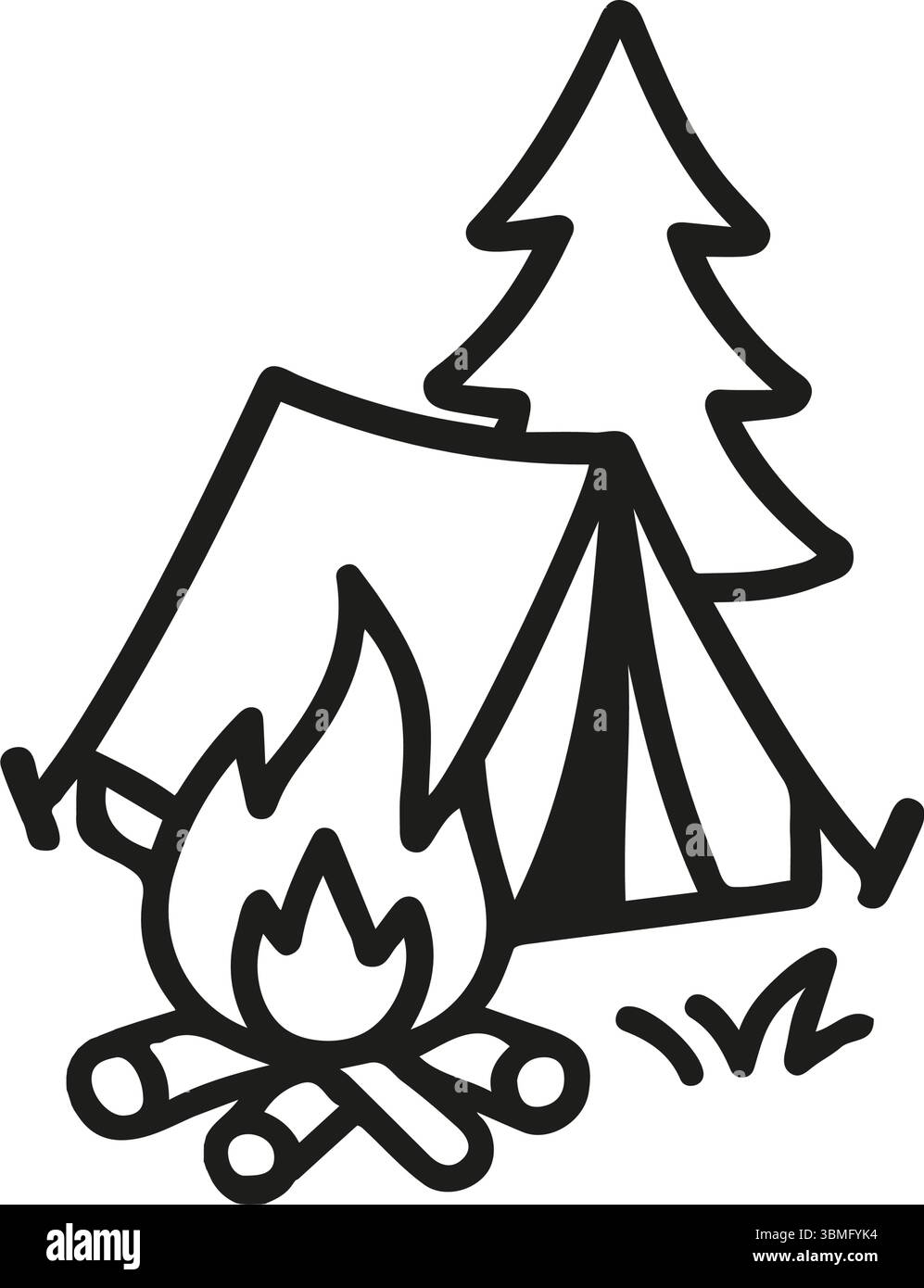 Un terrain de camping est représenté. Il y a une tente, un feu et un pin. Le dessin entier a un look dessiné à la main avec une ligne noire artistique Illustration de Vecteur