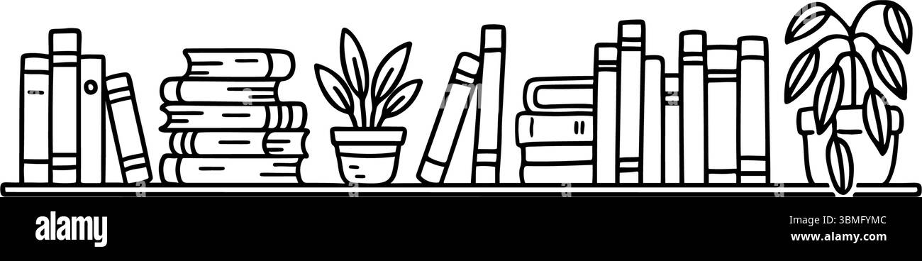 Doodle vectoriel dessiné à la main présente une étagère. Il est rempli de livres, empilés et debout. Les plantes en pot reposent également sur l'étagère, créant un s. Illustration de Vecteur