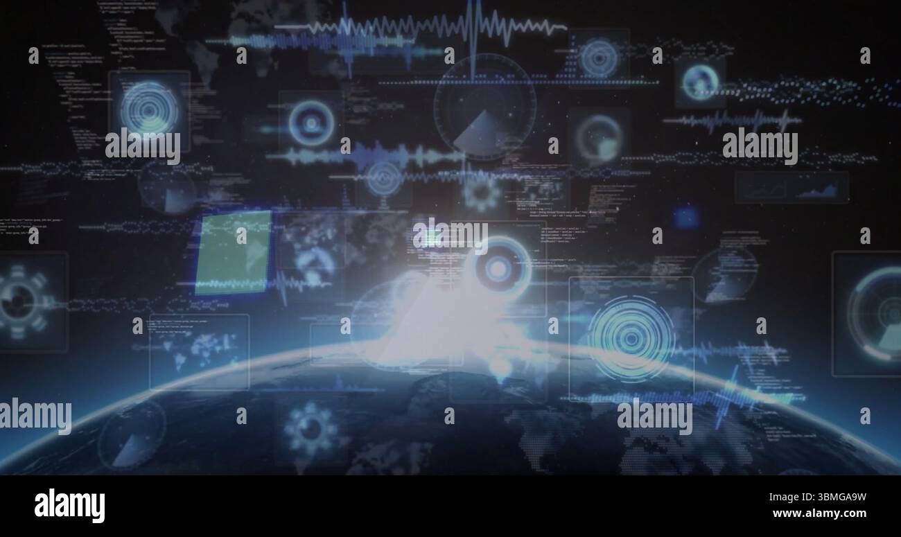 Affichage de la planète Terre en orbite, avec horizon lumineux, panneaux holographiques UI et écrans radar Banque D'Images