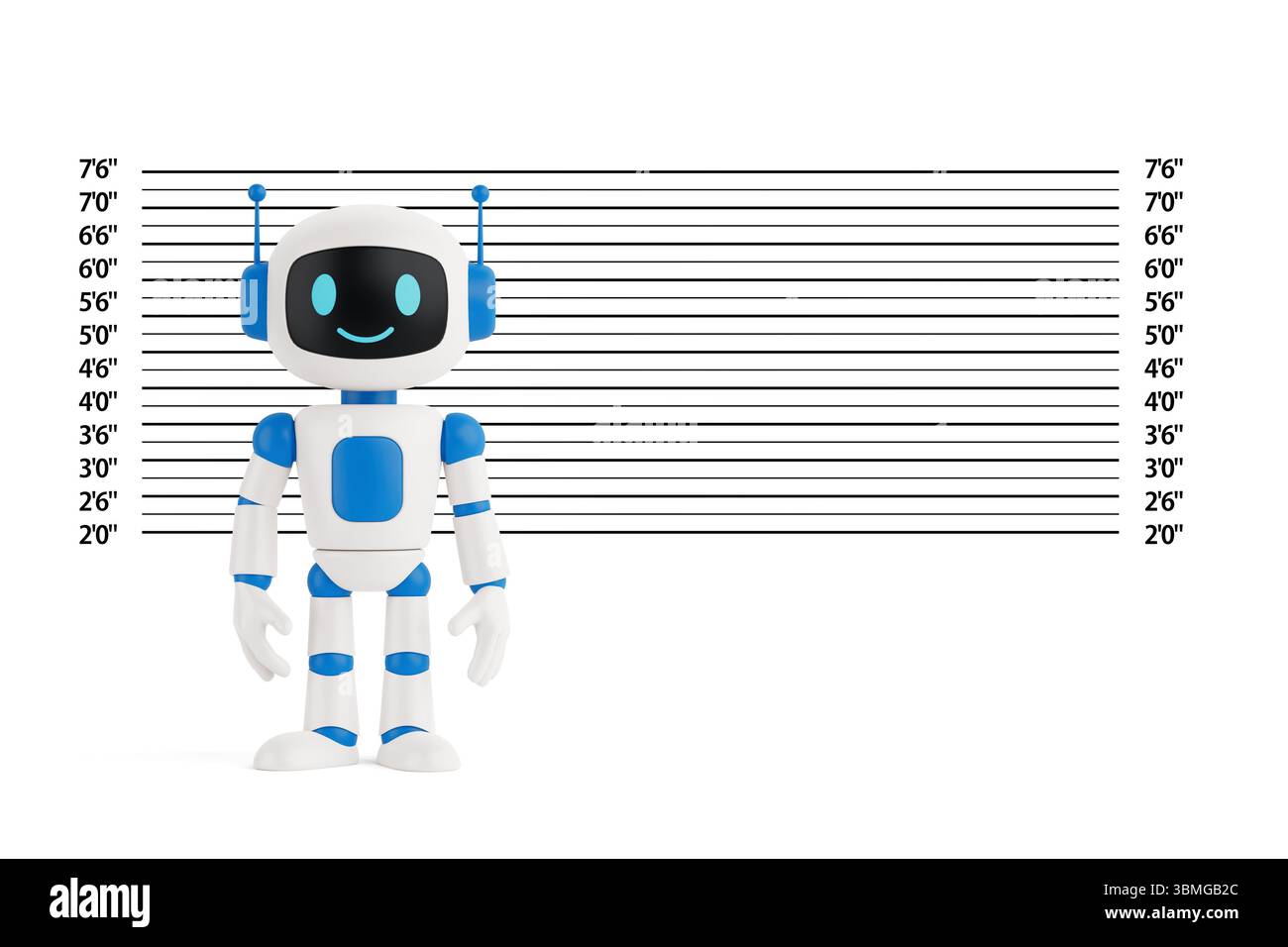 Concept d'humour technologique. Mascotte de robot ai sympathique en face de la police alignement graphique de hauteur extrême gros plan. Rendu 3D. Banque D'Images