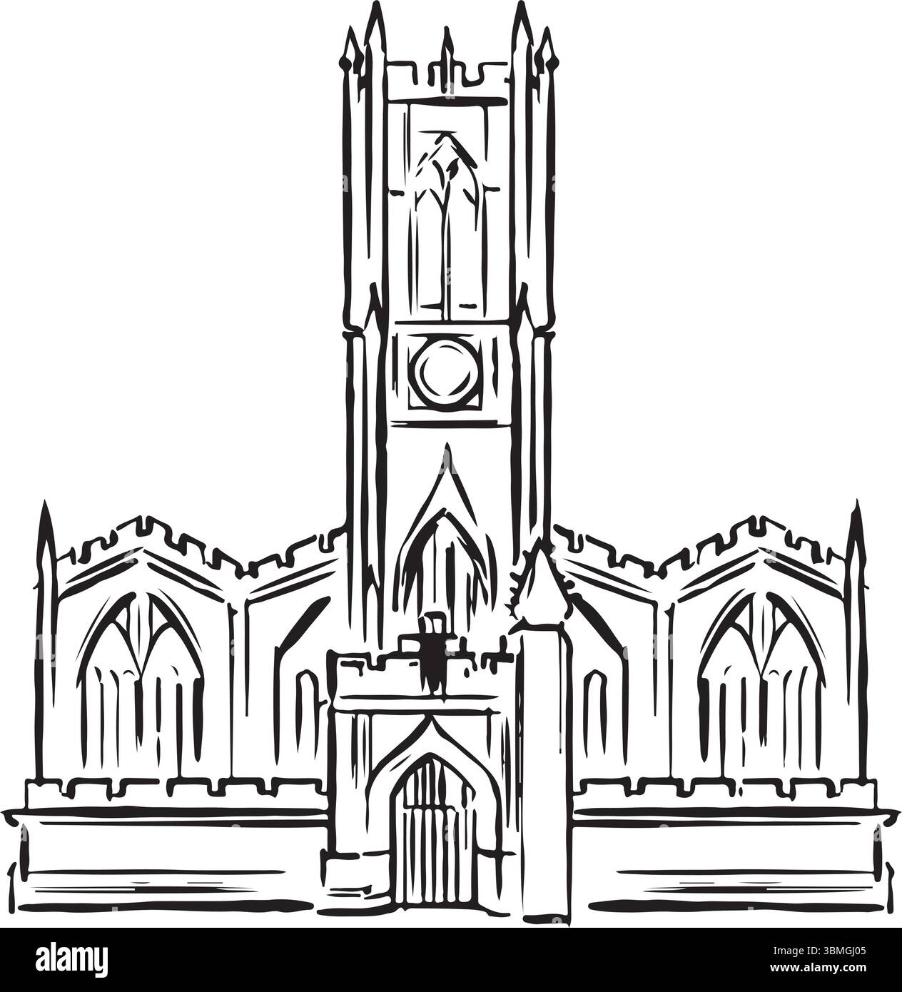 Cathédrale de Manchester, Manchester, Angleterre croquis à l'encre noire et blanche. Architecture gothique majestueuse avec des pierres complexes et une signification historique. Illustration de Vecteur