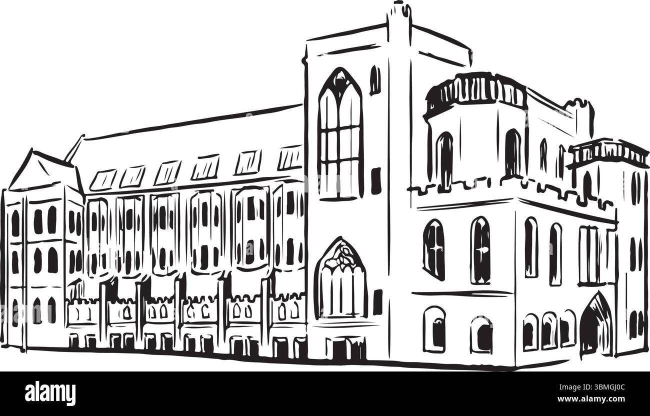 John Rylands Research Institute Library, Manchester, Angleterre croquis à l'encre noire et blanche. Architecture néo-gothique époustouflante et pierres complexes. Culture Illustration de Vecteur