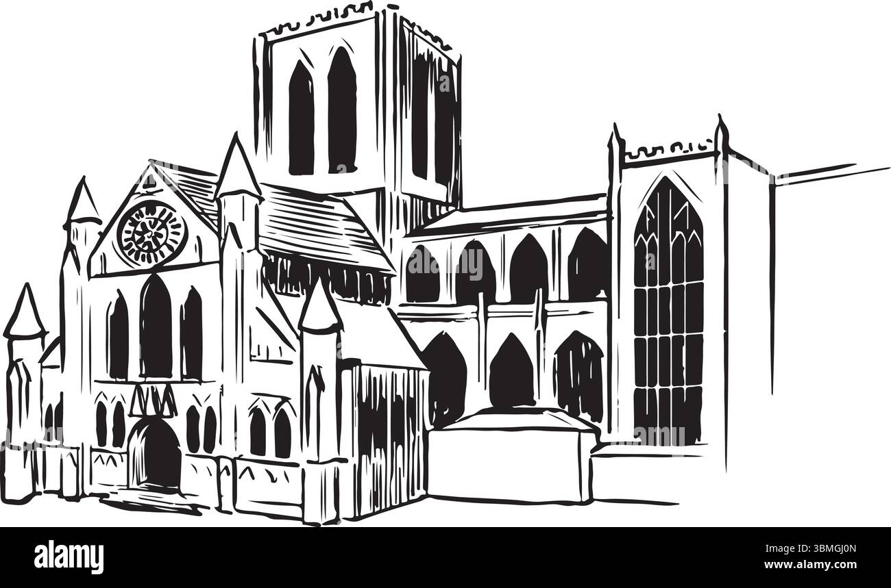 York Minster, York, Angleterre croquis à l'encre noire et blanche. Majestueuse cathédrale gothique avec des pierres complexes, des flèches imposantes. Tourisme, voyages Illustration de Vecteur