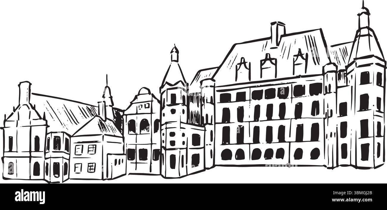 Hôtel de ville de Sheffield, Sheffield, Angleterre croquis à l'encre noire et blanche. Majestueuse architecture gothique victorienne avec une tour de l'horloge. Tourisme, voyages. Illustration de Vecteur