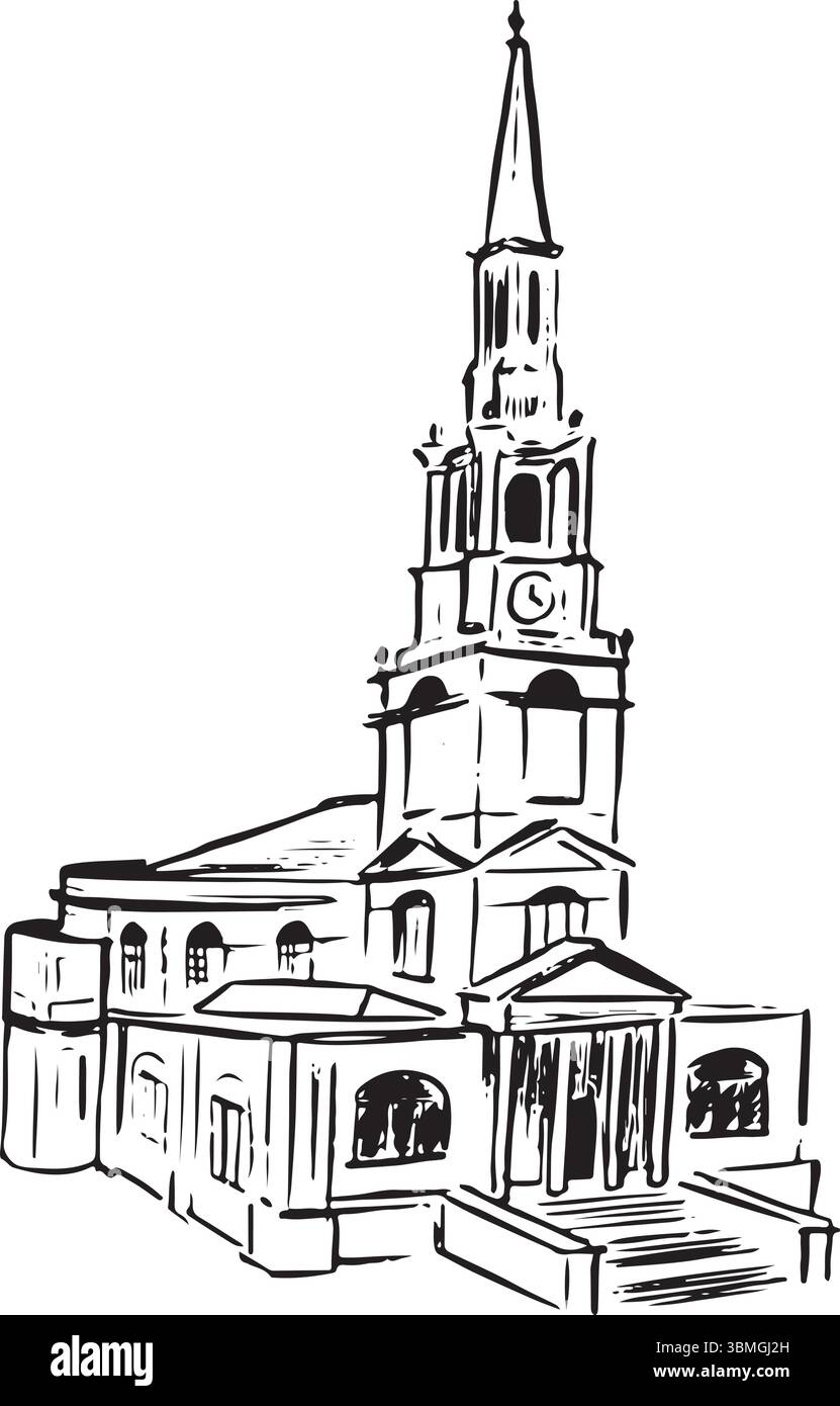 All Saints Church, Newcastle, Angleterre croquis à l'encre noire et blanche. Architecture géorgienne élégante avec une flèche courbe distinctive et un charme historique. Illustration de Vecteur