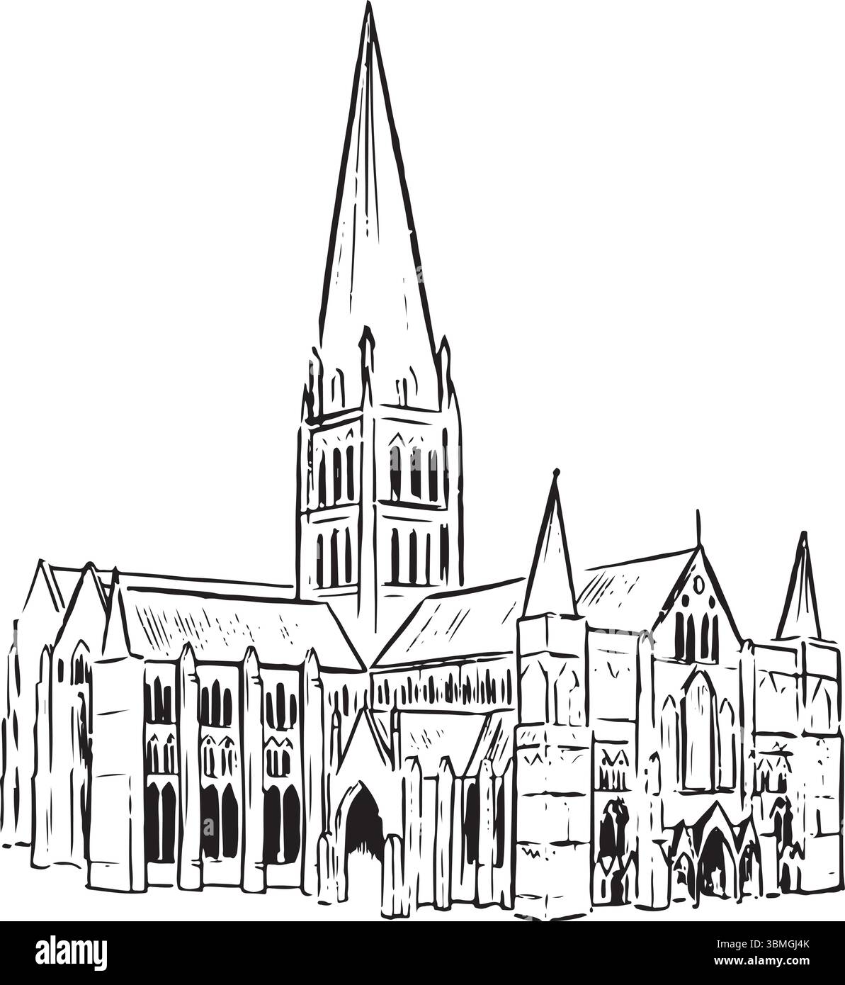 Cathédrale de Salisbury, Angleterre croquis à l'encre noire et blanche. Majestueuse cathédrale gothique avec une flèche montante, de superbes vitraux et une histoire riche. Illustration de Vecteur