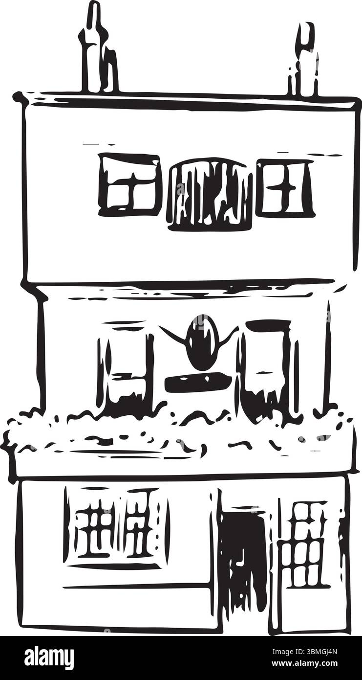 Hunch of Venison, Salisbury, Angleterre croquis à l'encre noire et blanche. Pub historique du XIVe siècle avec façade à pans de bois, riche histoire. Tourisme, voyages, Illustration de Vecteur