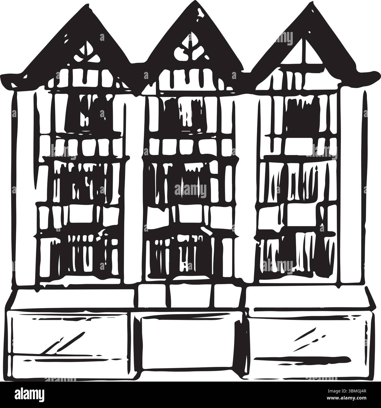 Marketplace Period House, Kingston upon Thames, Angleterre croquis à l'encre noire et blanche. Charmante maison historique avec charmante charpente en bois traditionnelle Illustration de Vecteur