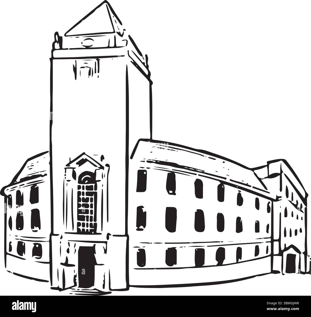 Guildhall, Kingston upon Thames, Angleterre croquis à l'encre noire et blanche. Bâtiment néo-géorgien avec une tour carrée et des détails architecturaux classiques Illustration de Vecteur