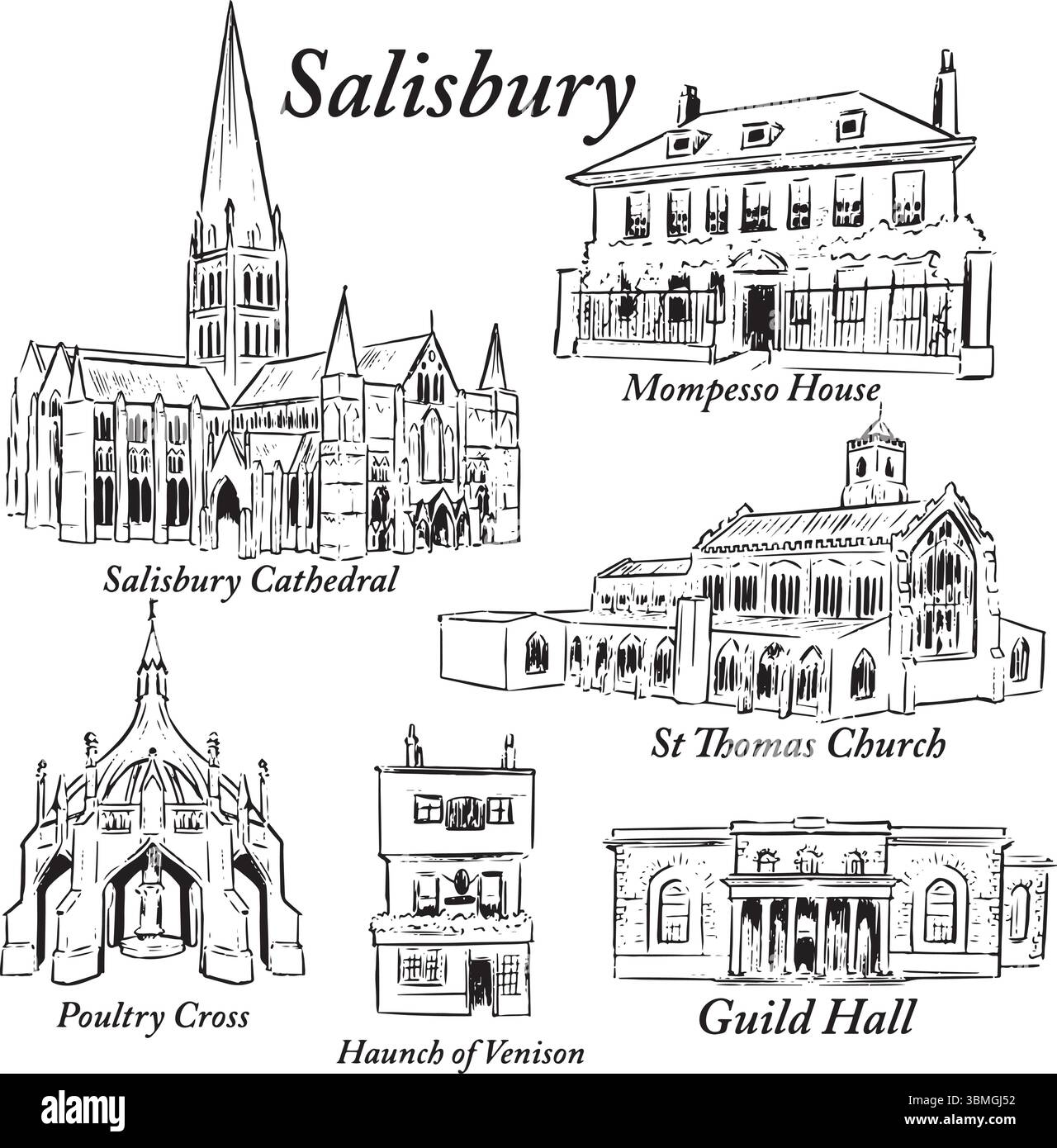 Illustrations à l'encre des monuments de Salisbury. Maison Mompesso, église St Thomas, cathédrale, Croix de volaille, Guild Hall Sketches Set. Attraction touristique Angleterre Illustration de Vecteur