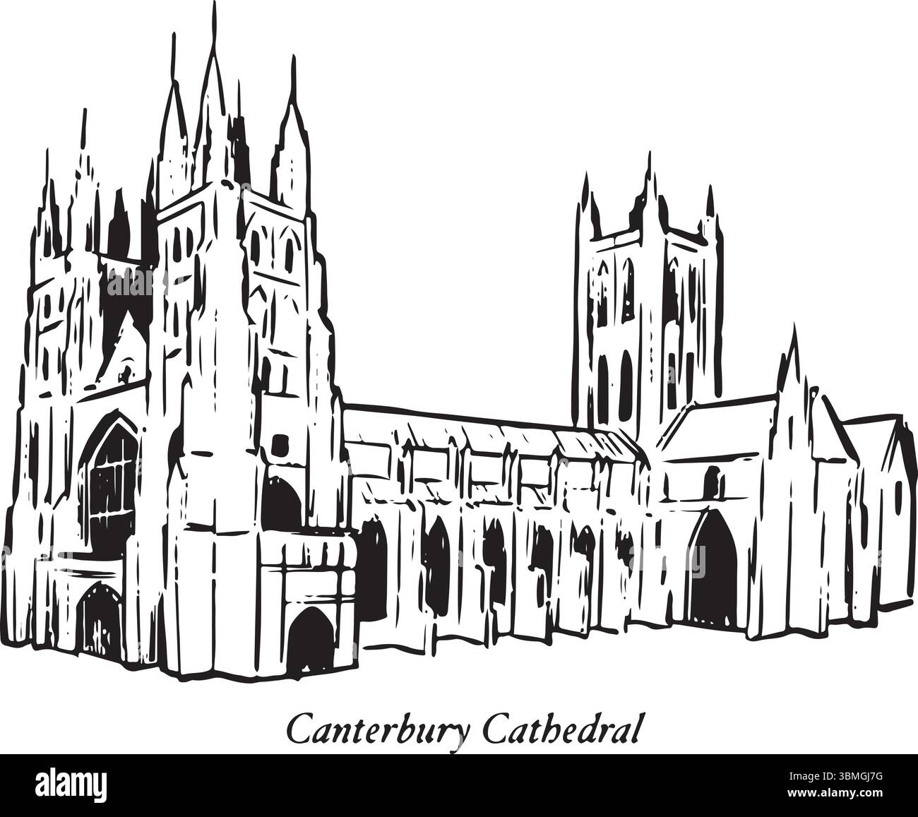 Cathédrale de Canterbury, Canterbury, Angleterre croquis à l'encre noire et blanche. Magnifique cathédrale gothique avec des flèches montantes, des pierres complexes. Illustration de Vecteur