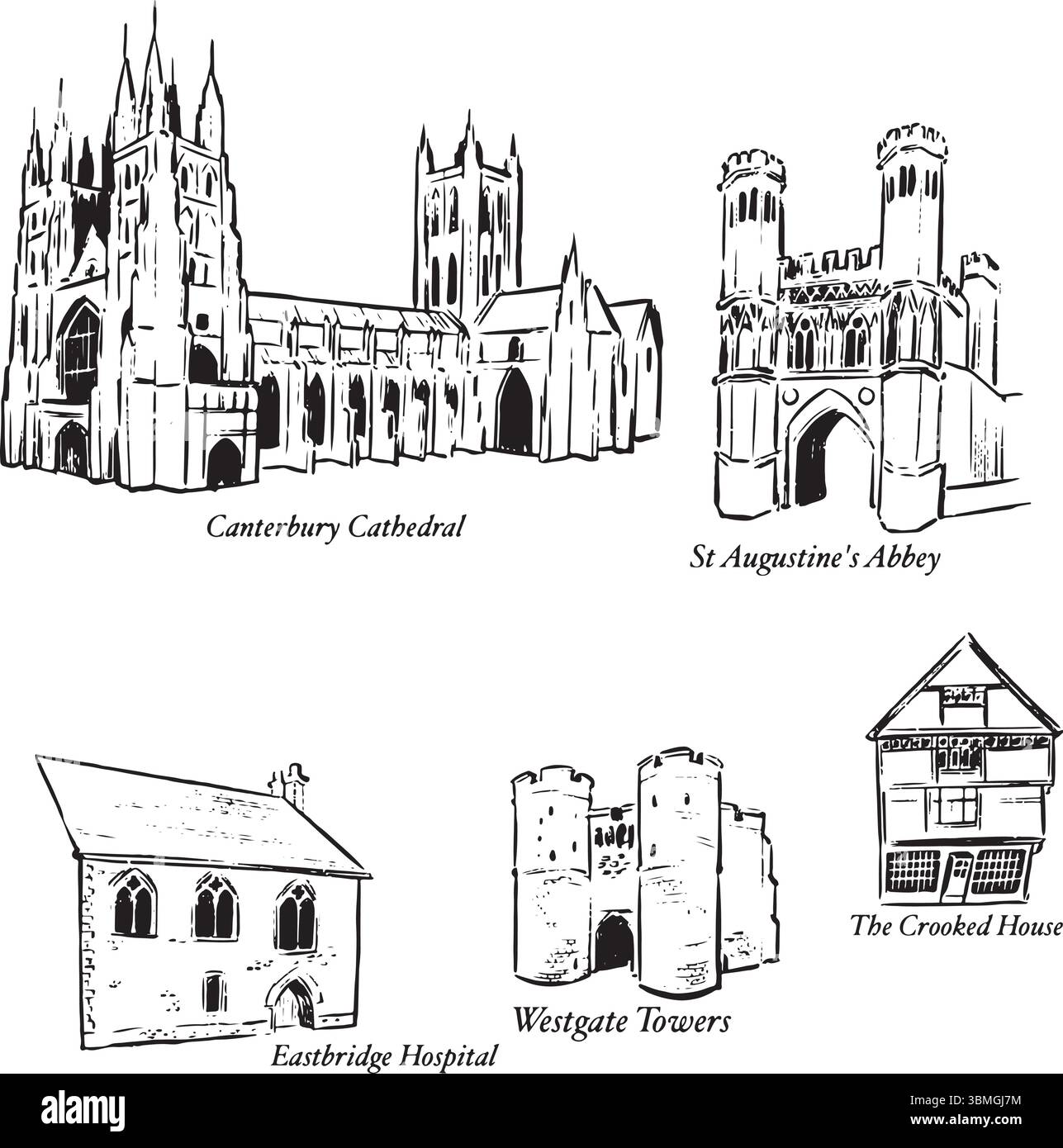 Cathédrale de Canterbury, Canterbury, Angleterre croquis à l'encre noire et blanche. Magnifique cathédrale gothique avec des flèches montantes, des pierres complexes. Illustration de Vecteur