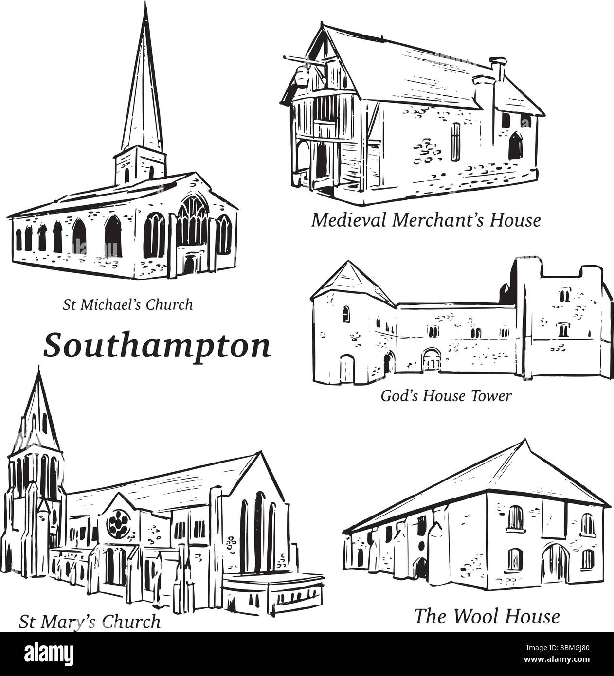 Southampton repères illustration à l'encre : église St Michael ; maison marchande médiévale ; tour God House ; église St Mary ; The Wool House. Architecture Illustration de Vecteur