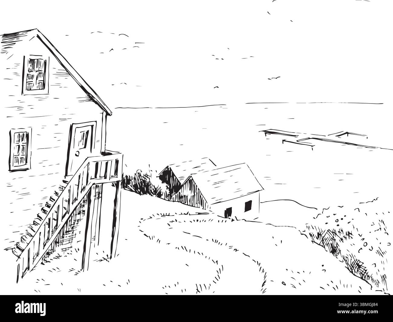 Dessin à l'encre d'une maison de bord de mer - scène vectorielle dessinée à la main. Scène côtière avec un chalet bungalow esquisse minimale en noir et blanc. Style texturé simple. Illustration de Vecteur