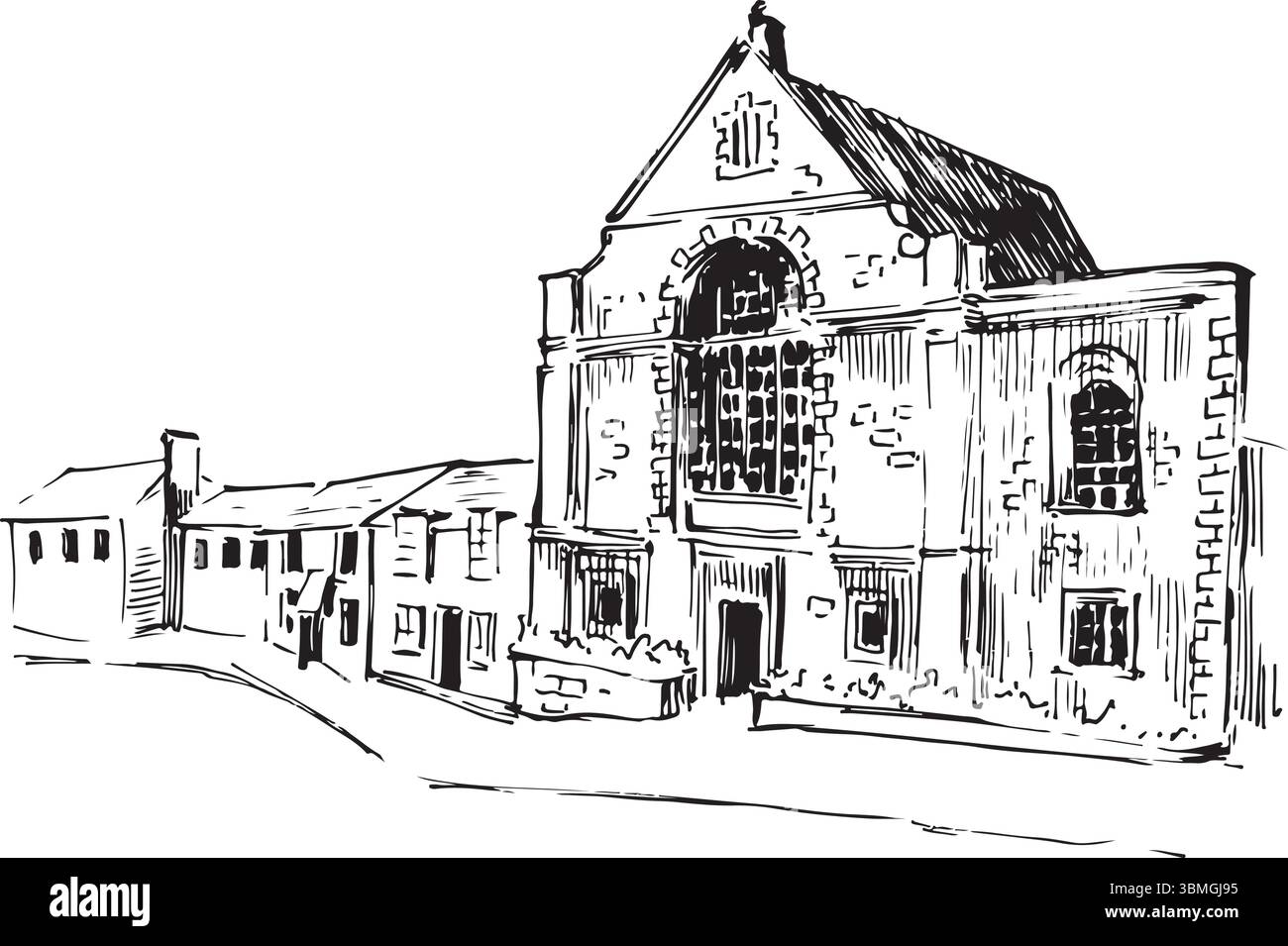 Chapelle historique et Village Street à Dunster, Somerset – illustration à l'encre dessinée à la main de l'architecture du patrimoine anglais. Simple et minimaliste Drawi texturé Illustration de Vecteur