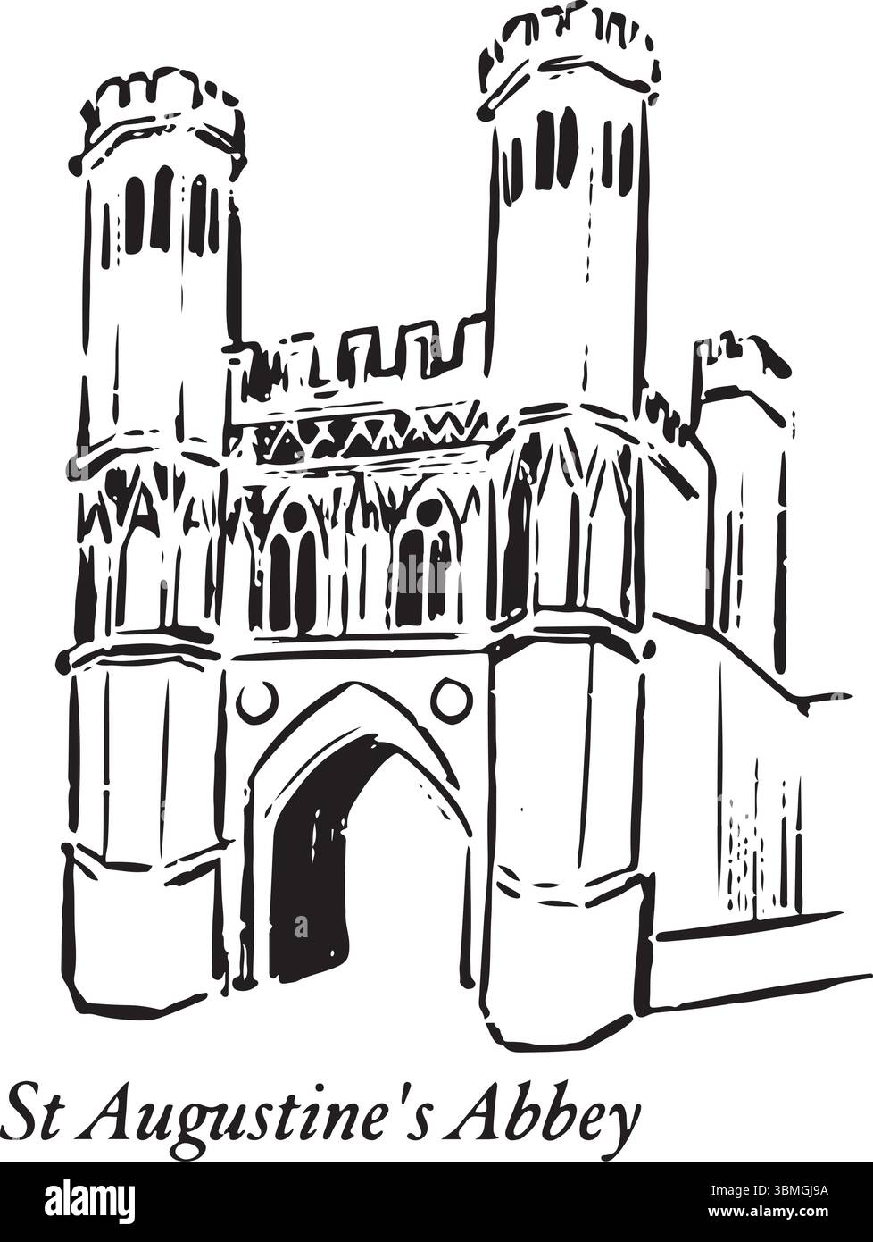 Abbaye St Augustine, Canterbury, Angleterre croquis à l'encre noire et blanche. Ruines monastiques romanes historiques avec riche patrimoine religieux et architecture Illustration de Vecteur