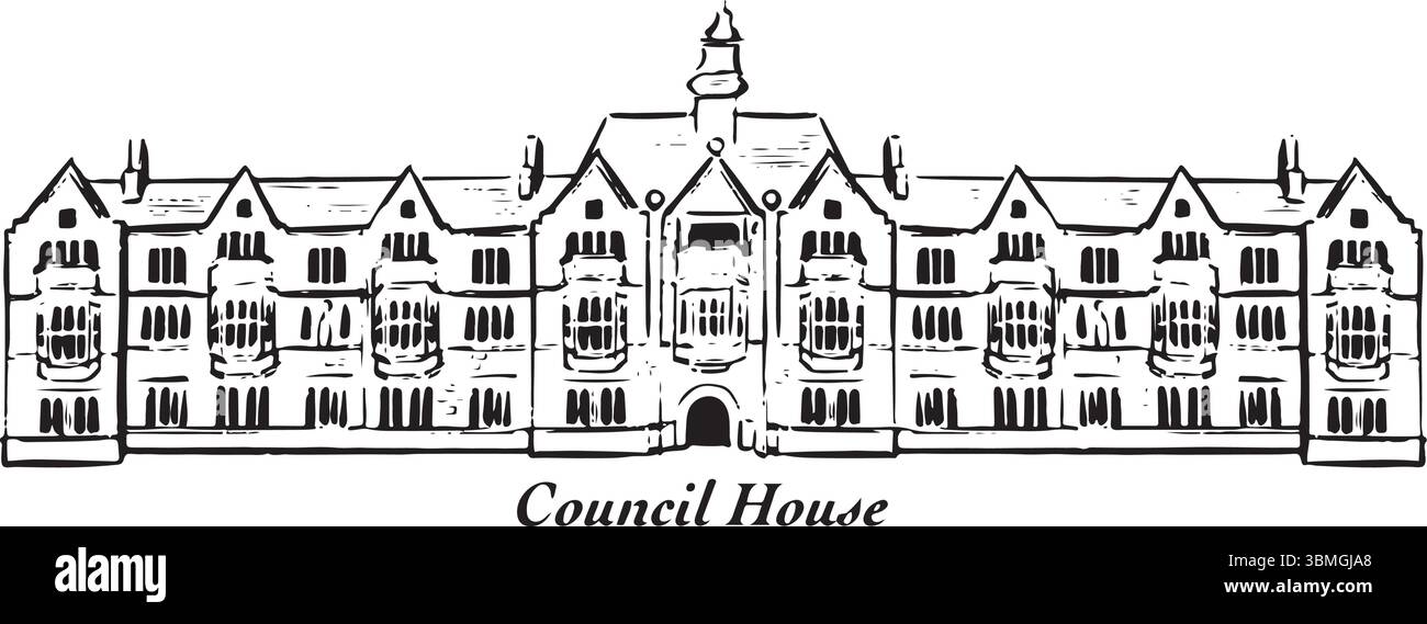 Coventry council House, angleterre croquis à l'encre noire et blanche. bâtiment de renouveau grand tudor avec des sculptures en pierre et une tour de l'horloge centrale. tourisme Illustration de Vecteur