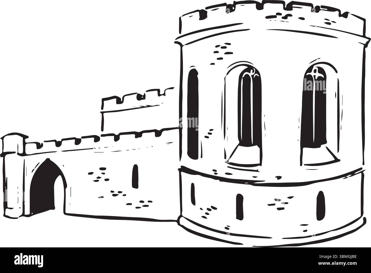 Illustration de l'encre Carlisle Citadel. Forteresse Tudor avec modifications néoclassiques, bâtiments de cour. Dessin vectoriel architectural noir et blanc. Illustration de Vecteur