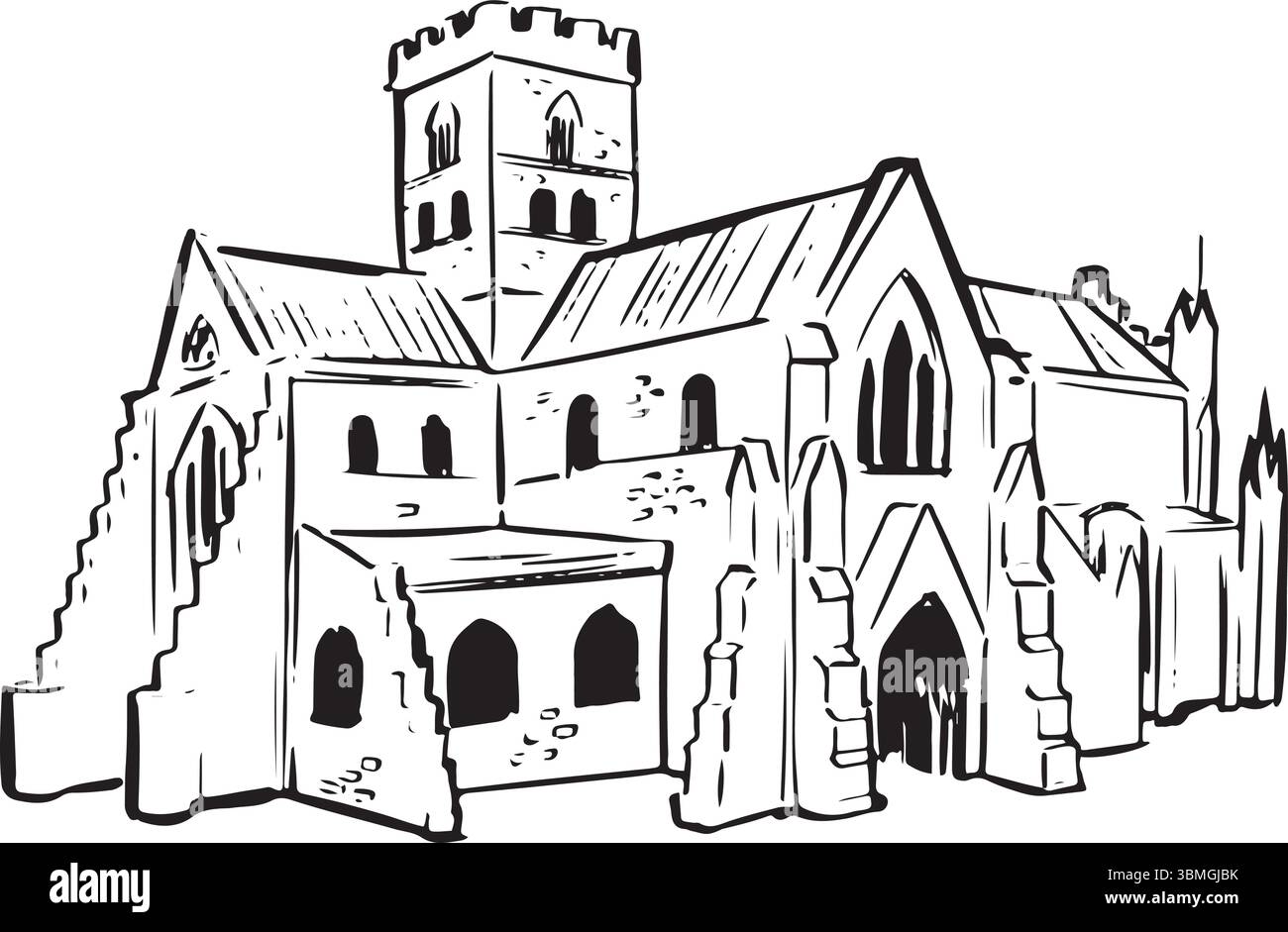 Illustration de l'encre de la cathédrale de Carlisle. Esquisse minimale de l'architecture normande et gothique. Dessin vectoriel de cathédrale anglicane classé grade I. Angleterre européenne Illustration de Vecteur