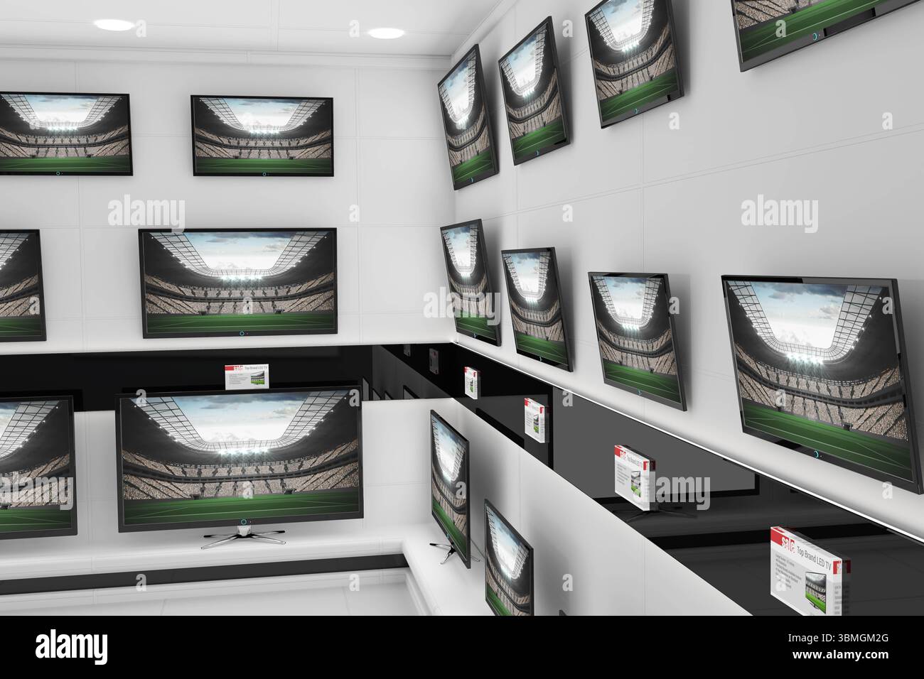 Affichage de téléviseurs à écran plat au mur et sur une étagère montrant le panorama du stade dans le magasin avec des écriteaux d'étiquettes Banque D'Images