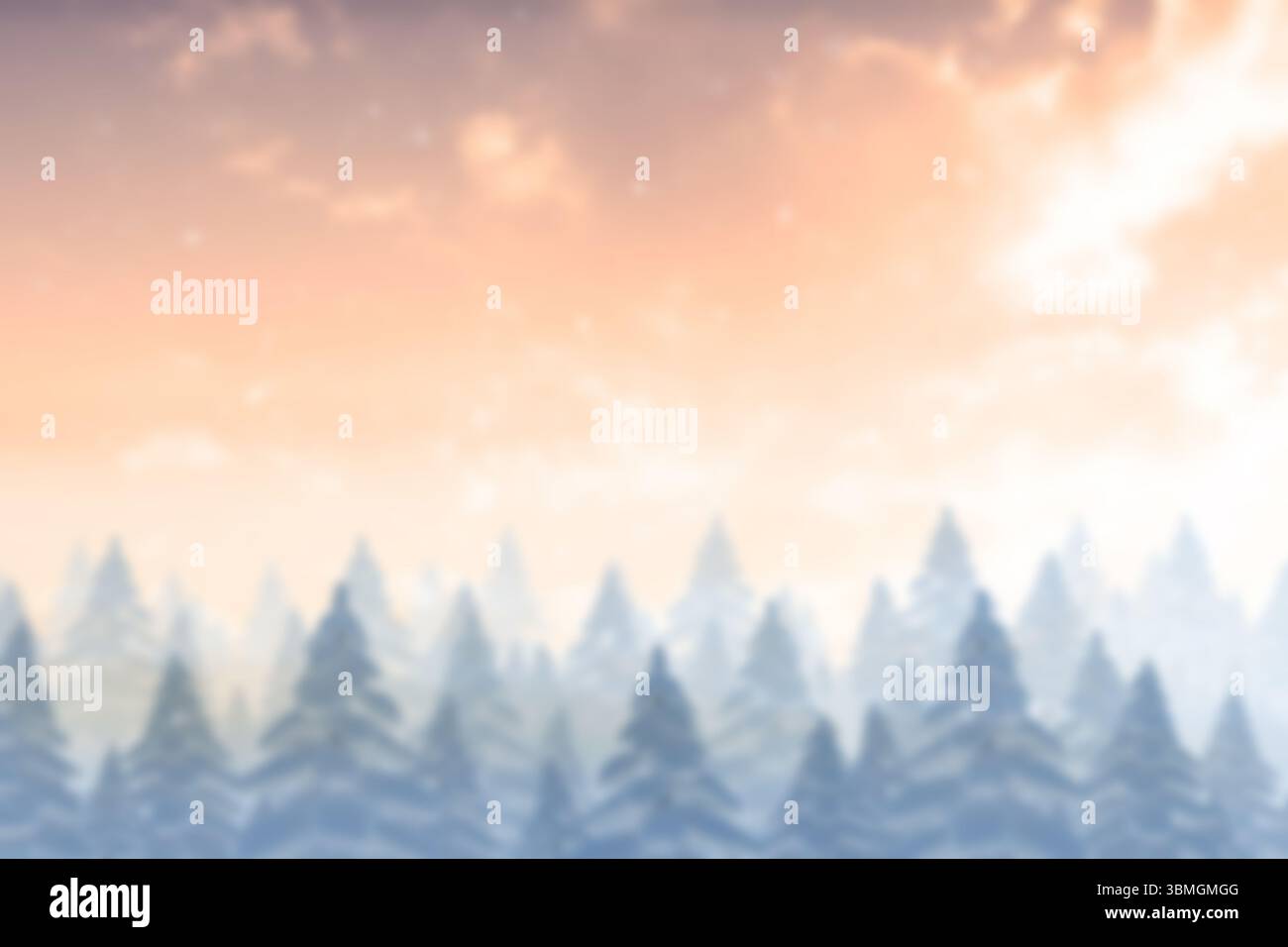 Représentant des cimes d'arbres enneigées de pin qui s'estompent dans la brume sous le ciel pastel du lever du soleil dans un design plat Banque D'Images